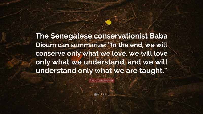 Ursula Goodenough Quote: “The Senegalese conservationist Baba Dioum can summarize: “In the end, we will conserve only what we love, we will love only what we understand, and we will understand only what we are taught.””