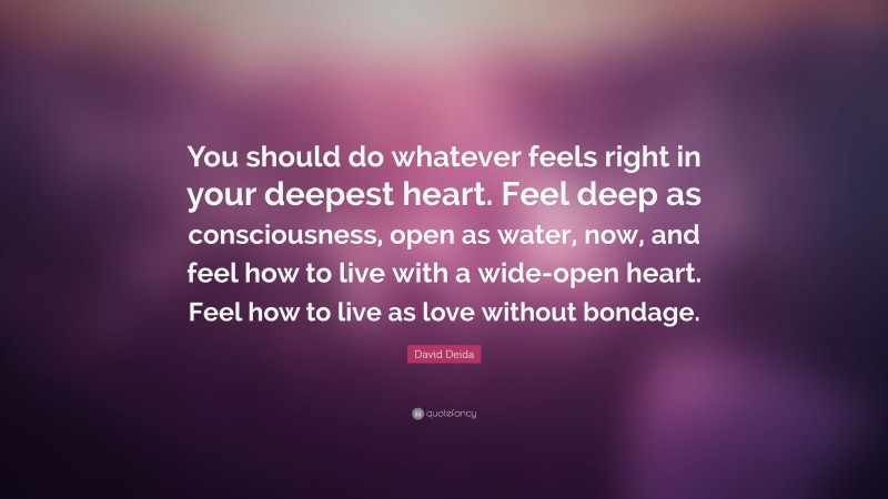 David Deida Quote: “You should do whatever feels right in your deepest heart. Feel deep as consciousness, open as water, now, and feel how to live with a wide-open heart. Feel how to live as love without bondage.”