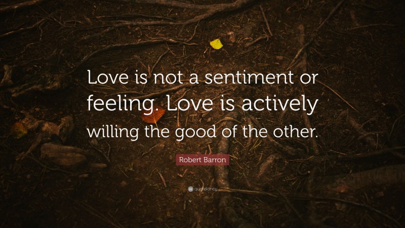 Robert Barron Quote: “Love is not a sentiment or feeling. Love is actively willing the good of the other.”