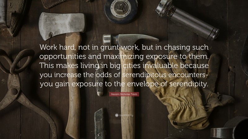 Nassim Nicholas Taleb Quote: “Work hard, not in grunt work, but in chasing such opportunities and maximizing exposure to them. This makes living in big cities invaluable because you increase the odds of serendipitous encounters-you gain exposure to the envelope of serendipity.”