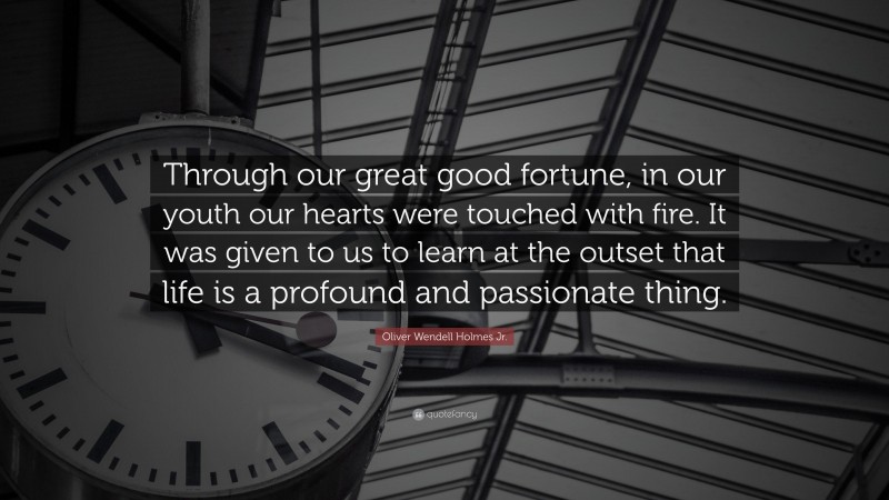 Oliver Wendell Holmes Jr. Quote: “Through our great good fortune, in our youth our hearts were touched with fire. It was given to us to learn at the outset that life is a profound and passionate thing.”