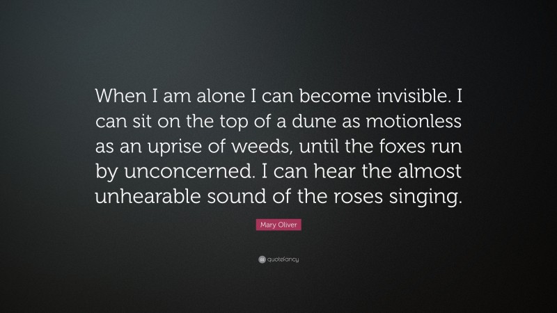 Mary Oliver Quote: “When I am alone I can become invisible. I can sit on the top of a dune as motionless as an uprise of weeds, until the foxes run by unconcerned. I can hear the almost unhearable sound of the roses singing.”