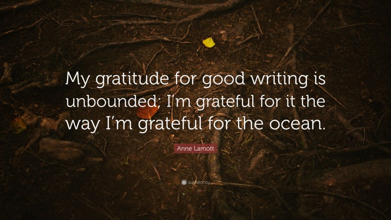 Anne Lamott Quote: “My gratitude for good writing is unbounded; I’m grateful for it the way I’m grateful for the ocean.”