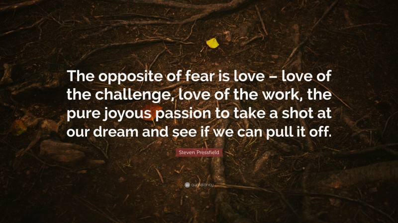 Steven Pressfield Quote: “The opposite of fear is love – love of the challenge, love of the work, the pure joyous passion to take a shot at our dream and see if we can pull it off.”