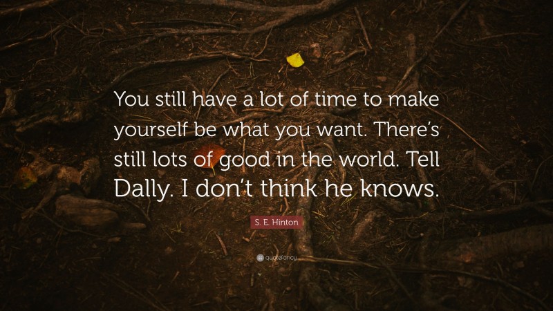 S. E. Hinton Quote: “You still have a lot of time to make yourself be what you want. There’s still lots of good in the world. Tell Dally. I don’t think he knows.”