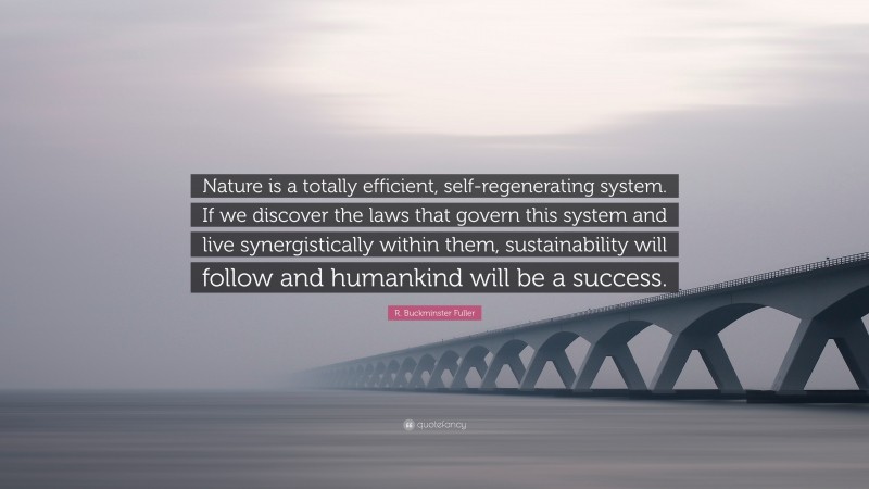 R. Buckminster Fuller Quote: “Nature is a totally efficient, self-regenerating system. If we discover the laws that govern this system and live synergistically within them, sustainability will follow and humankind will be a success.”