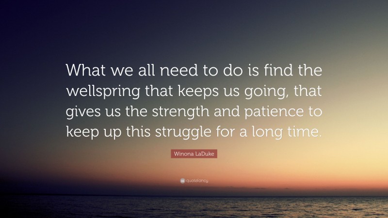 Winona LaDuke Quote: “What we all need to do is find the wellspring that keeps us going, that gives us the strength and patience to keep up this struggle for a long time.”