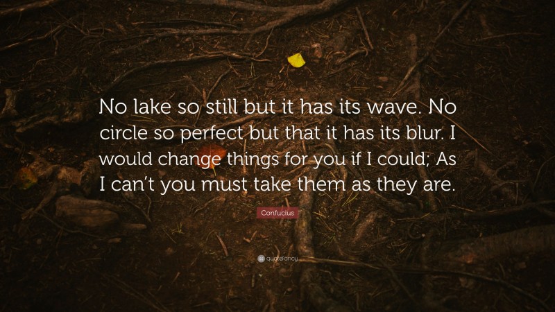 Confucius Quote: “No lake so still but it has its wave. No circle so perfect but that it has its blur. I would change things for you if I could; As I can’t you must take them as they are.”