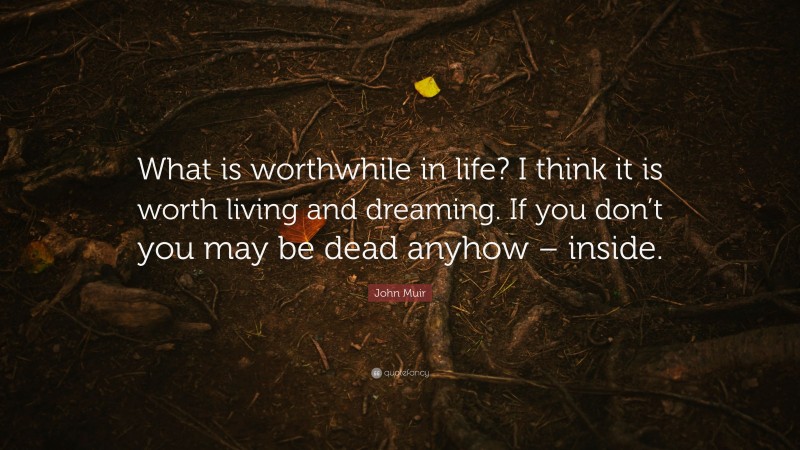 John Muir Quote: “What is worthwhile in life? I think it is worth living and dreaming. If you don’t you may be dead anyhow – inside.”