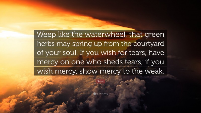 Rumi Quote: “Weep like the waterwheel, that green herbs may spring up from the courtyard of your soul. If you wish for tears, have mercy on one who sheds tears; if you wish mercy, show mercy to the weak.”