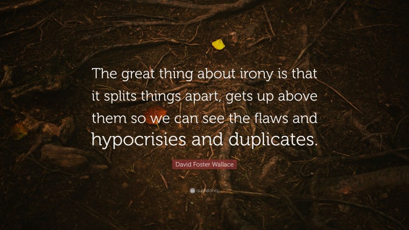 David Foster Wallace Quote: “The great thing about irony is that it splits things apart, gets up above them so we can see the flaws and hypocrisies and duplicates.”