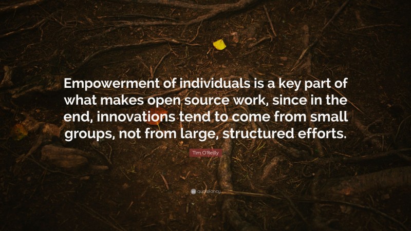 Tim O'Reilly Quote: “Empowerment of individuals is a key part of what makes open source work, since in the end, innovations tend to come from small groups, not from large, structured efforts.”
