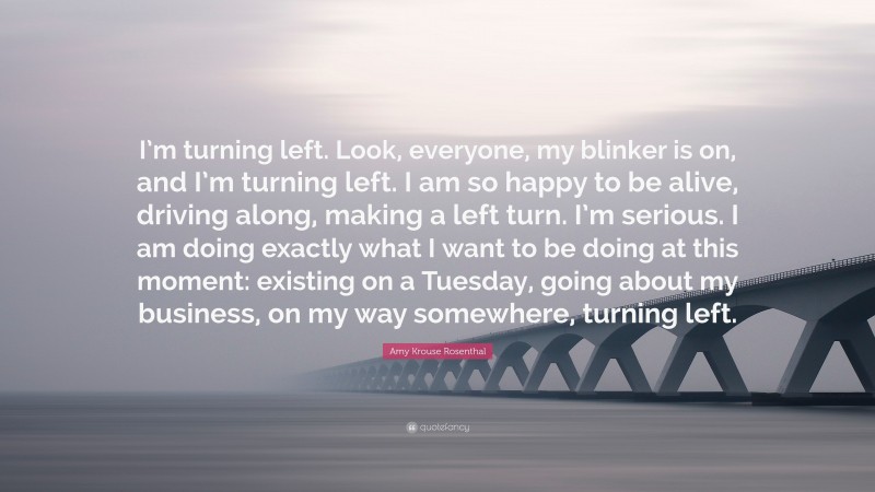 Amy Krouse Rosenthal Quote: “I’m turning left. Look, everyone, my blinker is on, and I’m turning left. I am so happy to be alive, driving along, making a left turn. I’m serious. I am doing exactly what I want to be doing at this moment: existing on a Tuesday, going about my business, on my way somewhere, turning left.”