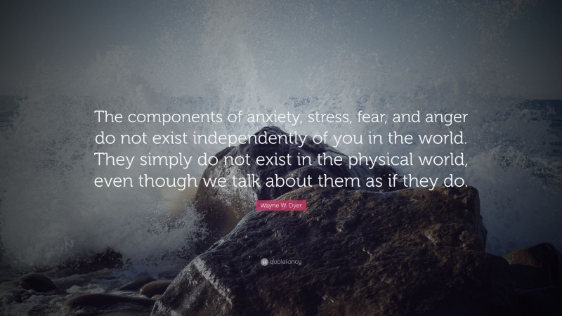 Wayne W. Dyer Quote: “The components of anxiety, stress, fear, and anger do not exist independently of you in the world. They simply do not exist in the physical world, even though we talk about them as if they do.”