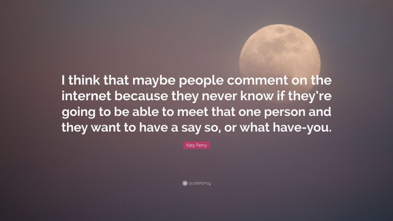 Katy Perry Quote: “I think that maybe people comment on the internet because they never know if they’re going to be able to meet that one person and they want to have a say so, or what have-you.”