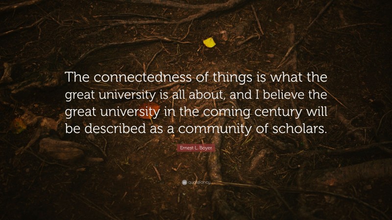 Ernest L. Boyer Quote: “The connectedness of things is what the great university is all about, and I believe the great university in the coming century will be described as a community of scholars.”
