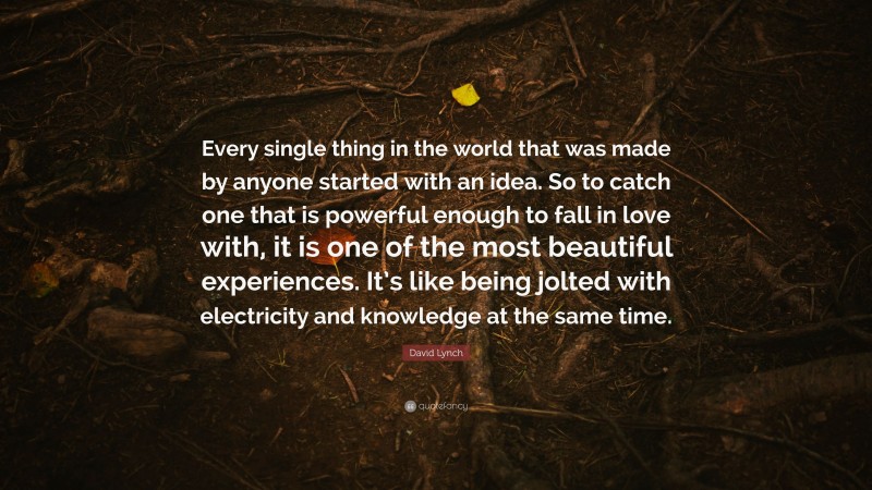 David Lynch Quote: “Every single thing in the world that was made by anyone started with an idea. So to catch one that is powerful enough to fall in love with, it is one of the most beautiful experiences. It’s like being jolted with electricity and knowledge at the same time.”