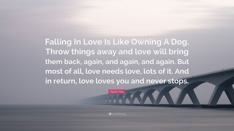 Taylor Mali Quote: “Falling In Love Is Like Owning A Dog. Throw things away and love will bring them back, again, and again, and again. But most of all, love needs love, lots of it. And in return, love loves you and never stops.”