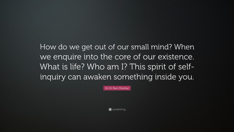 Sri Sri Ravi Shankar Quote: “How do we get out of our small mind? When we enquire into the core of our existence. What is life? Who am I? This spirit of self-inquiry can awaken something inside you.”