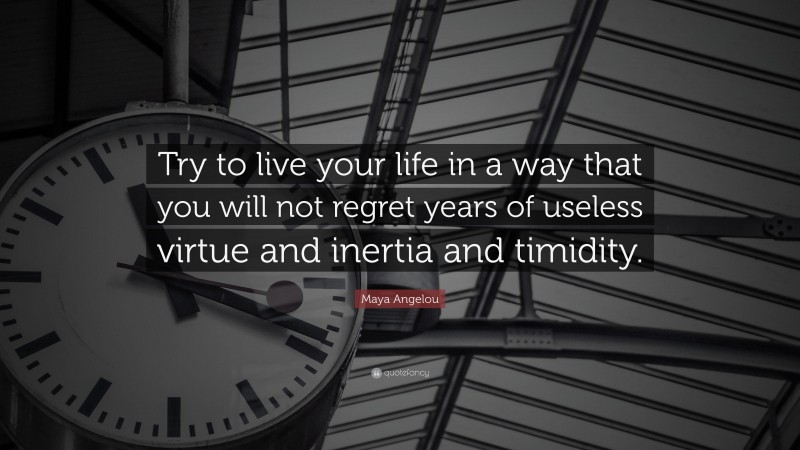 Maya Angelou Quote: “Try to live your life in a way that you will not regret years of useless virtue and inertia and timidity.”
