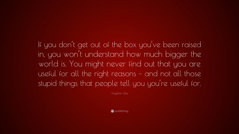 Angelina Jolie Quote: “If you don’t get out of the box you’ve been raised in, you won’t understand how much bigger the world is. You might never find out that you are useful for all the right reasons – and not all those stupid things that people tell you you’re useful for.”