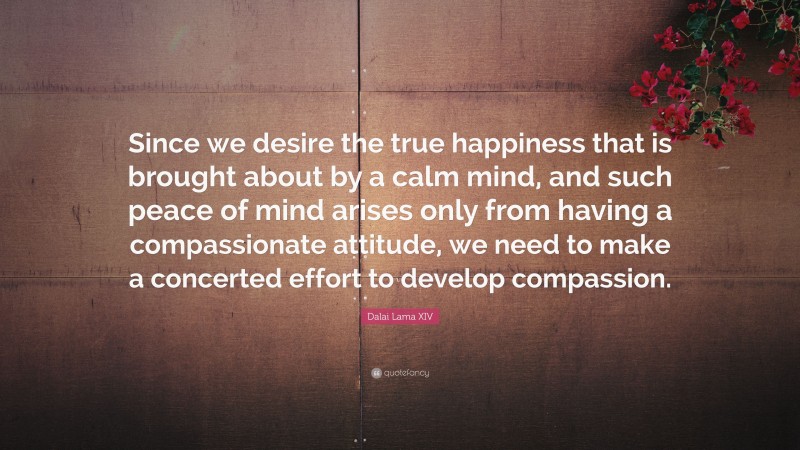 Dalai Lama XIV Quote: “Since we desire the true happiness that is brought about by a calm mind, and such peace of mind arises only from having a compassionate attitude, we need to make a concerted effort to develop compassion.”
