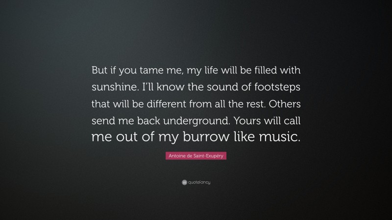 Antoine de Saint-Exupéry Quote: “But if you tame me, my life will be filled with sunshine. I’ll know the sound of footsteps that will be different from all the rest. Others send me back underground. Yours will call me out of my burrow like music.”