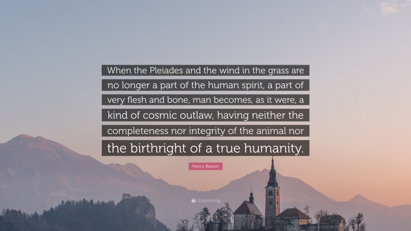 Henry Beston Quote: “When the Pleiades and the wind in the grass are no longer a part of the human spirit, a part of very flesh and bone, man becomes, as it were, a kind of cosmic outlaw, having neither the completeness nor integrity of the animal nor the birthright of a true humanity.”