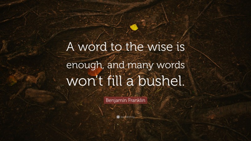 Benjamin Franklin Quote: “A word to the wise is enough, and many words won’t fill a bushel.”