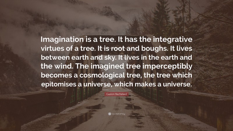 Gaston Bachelard Quote: “Imagination is a tree. It has the integrative virtues of a tree. It is root and boughs. It lives between earth and sky. It lives in the earth and the wind. The imagined tree imperceptibly becomes a cosmological tree, the tree which epitomises a universe, which makes a universe.”