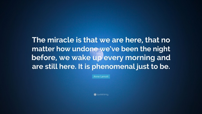 Anne Lamott Quote: “The miracle is that we are here, that no matter how undone we’ve been the night before, we wake up every morning and are still here. It is phenomenal just to be.”
