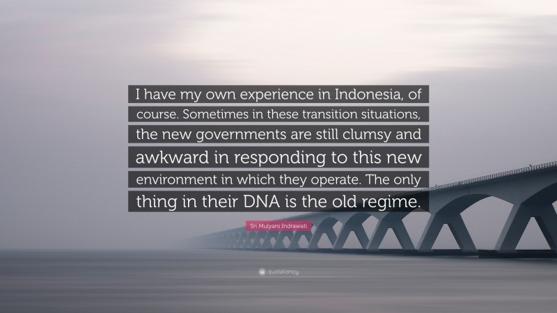 Sri Mulyani Indrawati Quote: “I have my own experience in Indonesia, of course. Sometimes in these transition situations, the new governments are still clumsy and awkward in responding to this new environment in which they operate. The only thing in their DNA is the old regime.”