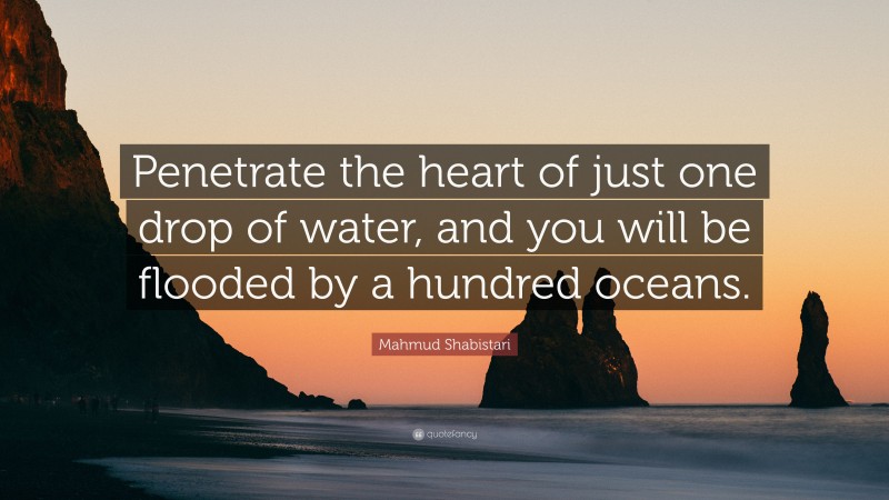 Mahmud Shabistari Quote: “Penetrate the heart of just one drop of water, and you will be flooded by a hundred oceans.”