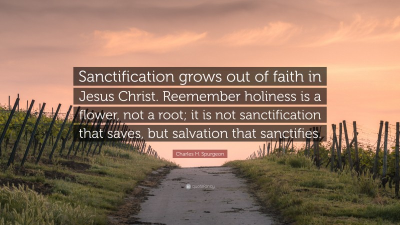 Charles H. Spurgeon Quote: “Sanctification grows out of faith in Jesus Christ. Reemember holiness is a flower, not a root; it is not sanctification that saves, but salvation that sanctifies.”
