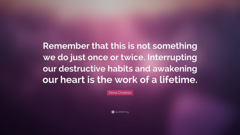 Pema Chödrön Quote: “Remember that this is not something we do just once or twice. Interrupting our destructive habits and awakening our heart is the work of a lifetime.”