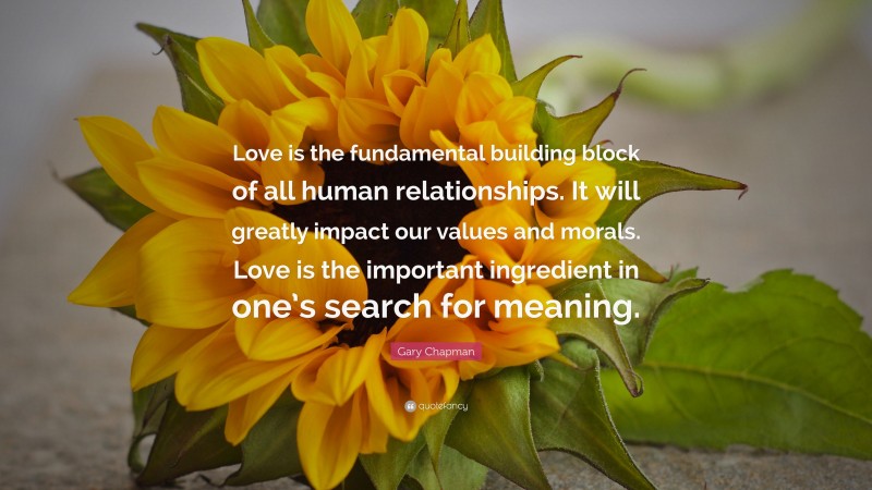 Gary Chapman Quote: “Love is the fundamental building block of all human relationships. It will greatly impact our values and morals. Love is the important ingredient in one’s search for meaning.”