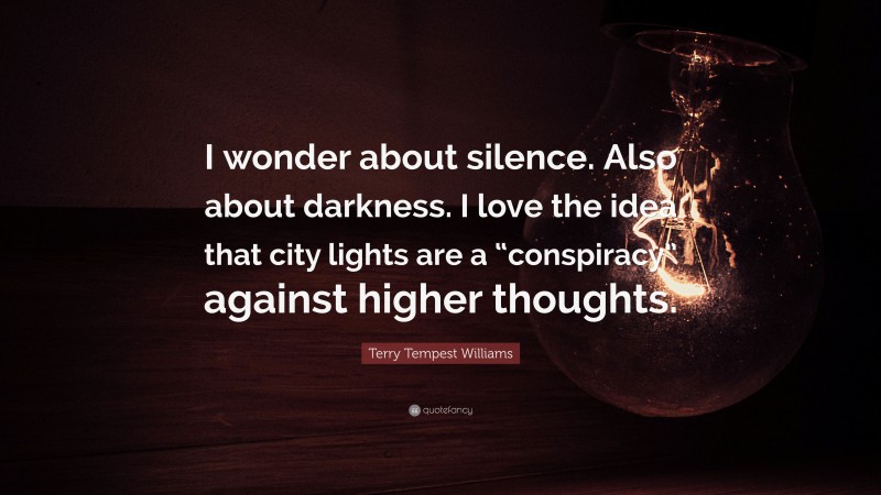 Terry Tempest Williams Quote: “I wonder about silence. Also about darkness. I love the idea that city lights are a “conspiracy” against higher thoughts.”