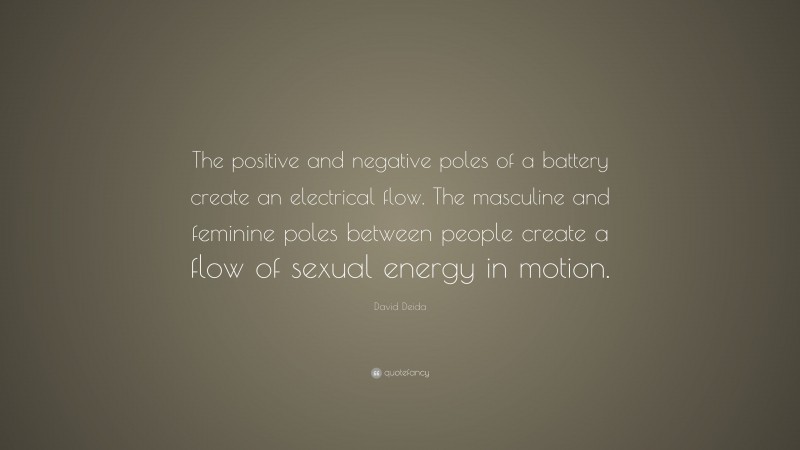 David Deida Quote: “The positive and negative poles of a battery create an electrical flow. The masculine and feminine poles between people create a flow of sexual energy in motion.”