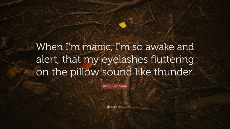 Andy Behrman Quote: “When I’m manic, I’m so awake and alert, that my eyelashes fluttering on the pillow sound like thunder.”