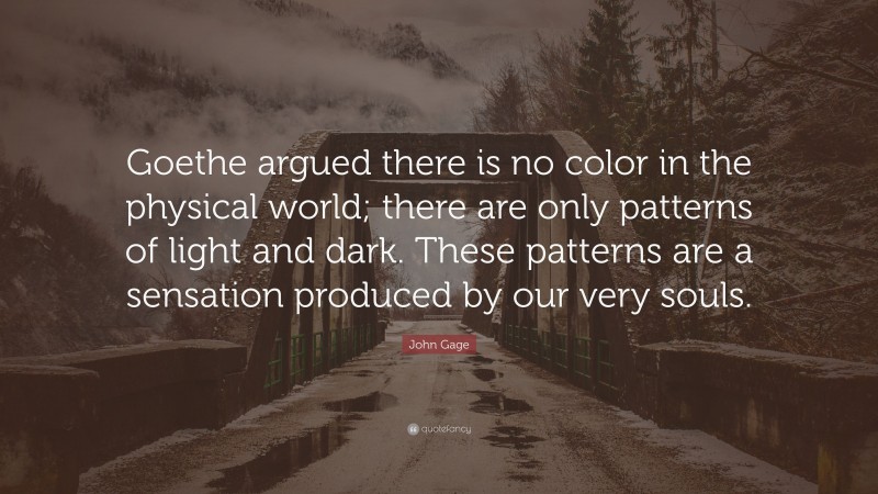 John Gage Quote: “Goethe argued there is no color in the physical world; there are only patterns of light and dark. These patterns are a sensation produced by our very souls.”