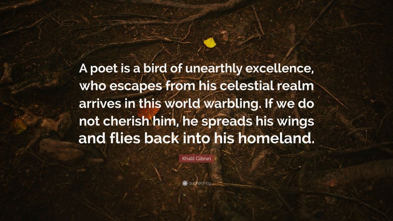 Khalil Gibran Quote: “A poet is a bird of unearthly excellence, who escapes from his celestial realm arrives in this world warbling. If we do not cherish him, he spreads his wings and flies back into his homeland.”