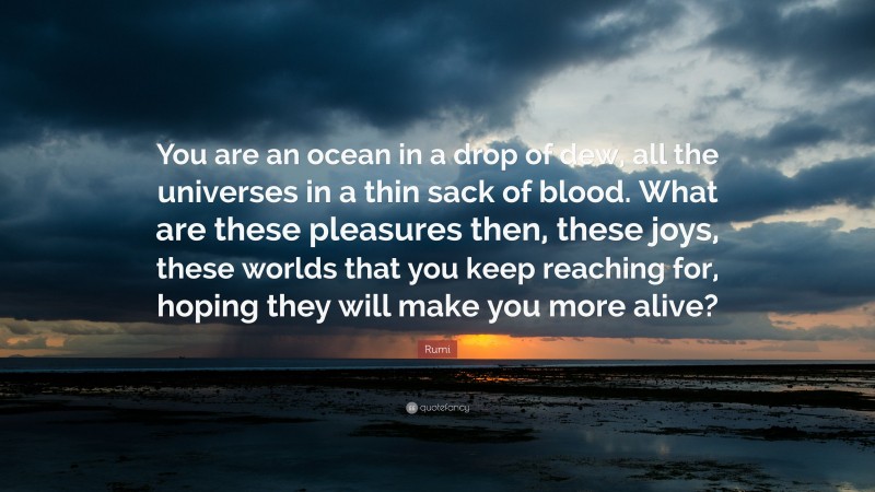Rumi Quote: “You are an ocean in a drop of dew, all the universes in a thin sack of blood. What are these pleasures then, these joys, these worlds that you keep reaching for, hoping they will make you more alive?”
