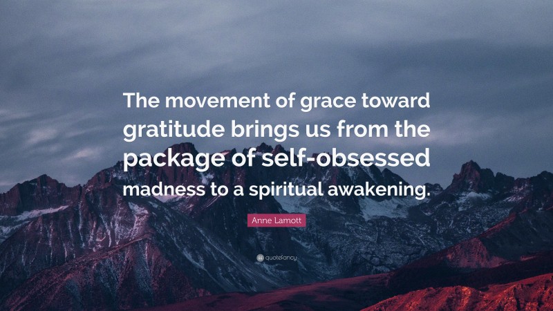 Anne Lamott Quote: “The movement of grace toward gratitude brings us from the package of self-obsessed madness to a spiritual awakening.”