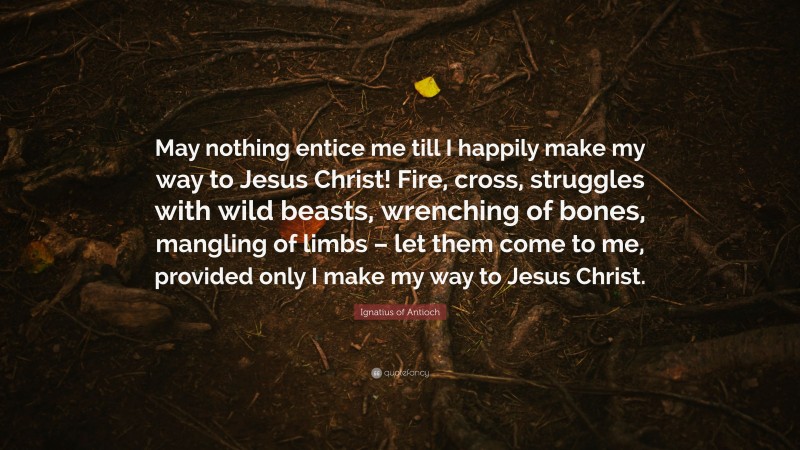 Ignatius of Antioch Quote: “May nothing entice me till I happily make my way to Jesus Christ! Fire, cross, struggles with wild beasts, wrenching of bones, mangling of limbs – let them come to me, provided only I make my way to Jesus Christ.”