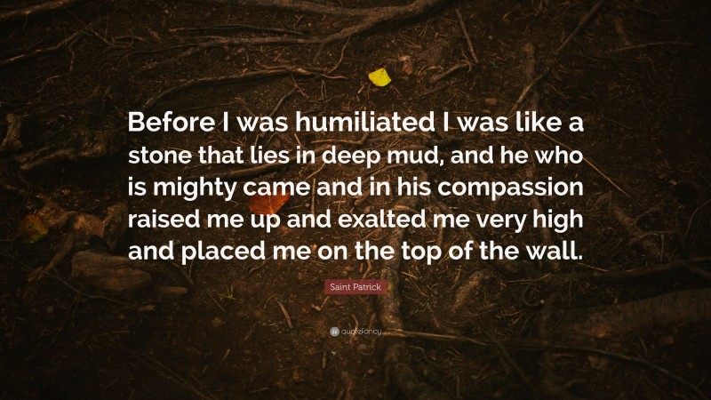Saint Patrick Quote: “Before I was humiliated I was like a stone that lies in deep mud, and he who is mighty came and in his compassion raised me up and exalted me very high and placed me on the top of the wall.”