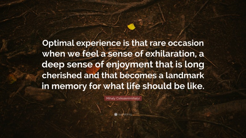 Mihaly Csikszentmihalyi Quote: “Optimal experience is that rare occasion when we feel a sense of exhilaration, a deep sense of enjoyment that is long cherished and that becomes a landmark in memory for what life should be like.”