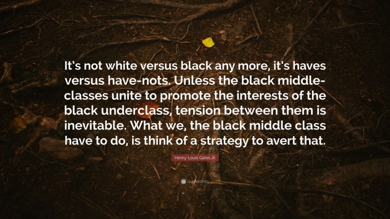Henry Louis Gates Jr. Quote: “It’s not white versus black any more, it’s haves versus have-nots. Unless the black middle-classes unite to promote the interests of the black underclass, tension between them is inevitable. What we, the black middle class have to do, is think of a strategy to avert that.”