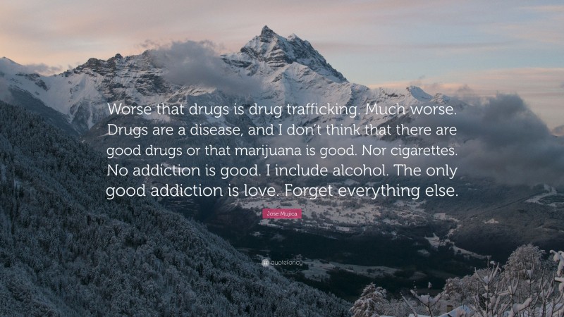 Jose Mujica Quote: “Worse that drugs is drug trafficking. Much worse. Drugs are a disease, and I don’t think that there are good drugs or that marijuana is good. Nor cigarettes. No addiction is good. I include alcohol. The only good addiction is love. Forget everything else.”