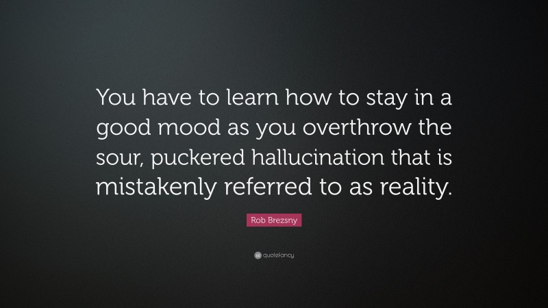 Rob Brezsny Quote: “You have to learn how to stay in a good mood as you overthrow the sour, puckered hallucination that is mistakenly referred to as reality.”
