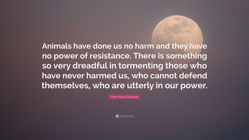 John Henry Newman Quote: “Animals have done us no harm and they have no power of resistance. There is something so very dreadful in tormenting those who have never harmed us, who cannot defend themselves, who are utterly in our power.”